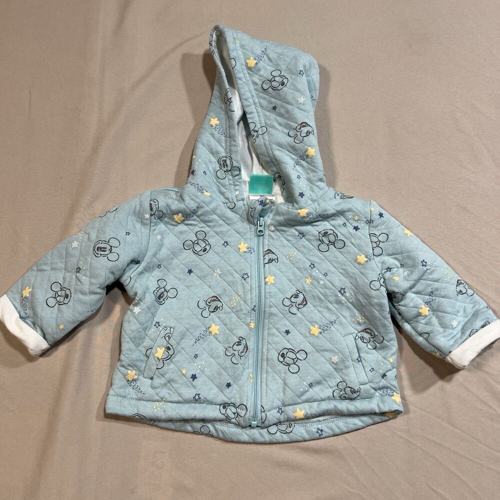 Disney Mickey Mouse Baby Boy Quilted Hooded Jacket Size 9M Blue Star Print